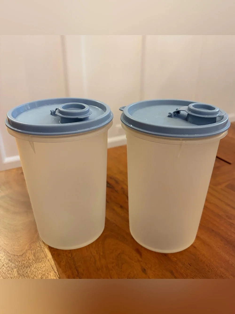2 Vintage Tupperware Handolier #321 Containers Flip Top Country Blue Lid Cottage